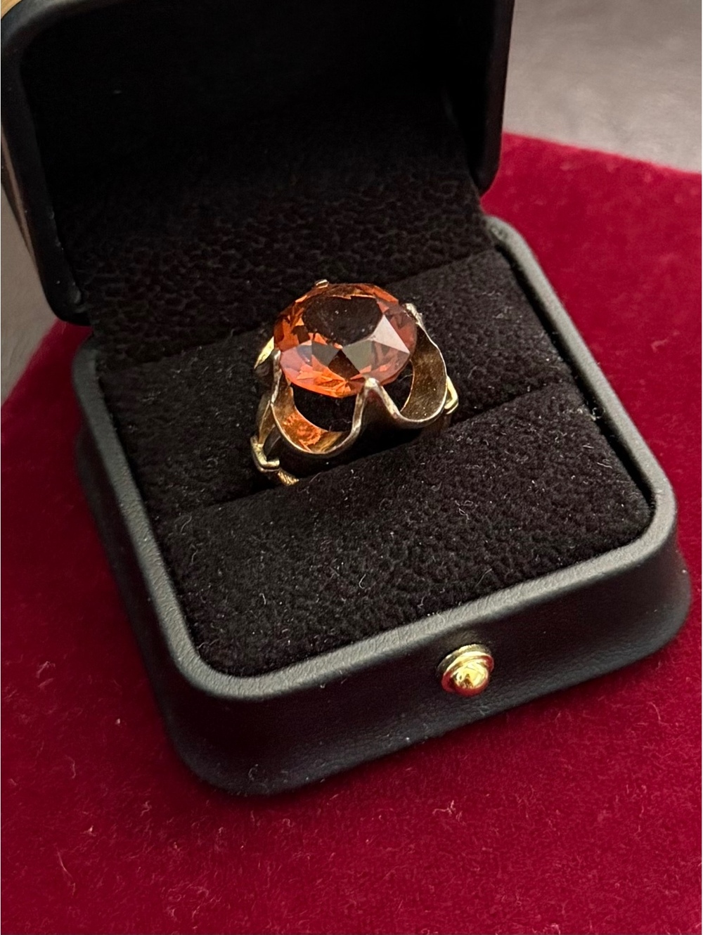 Vintage C&C Clark Coombs 18KT Electroplate Brown Amber Rhinestone Ring US 7